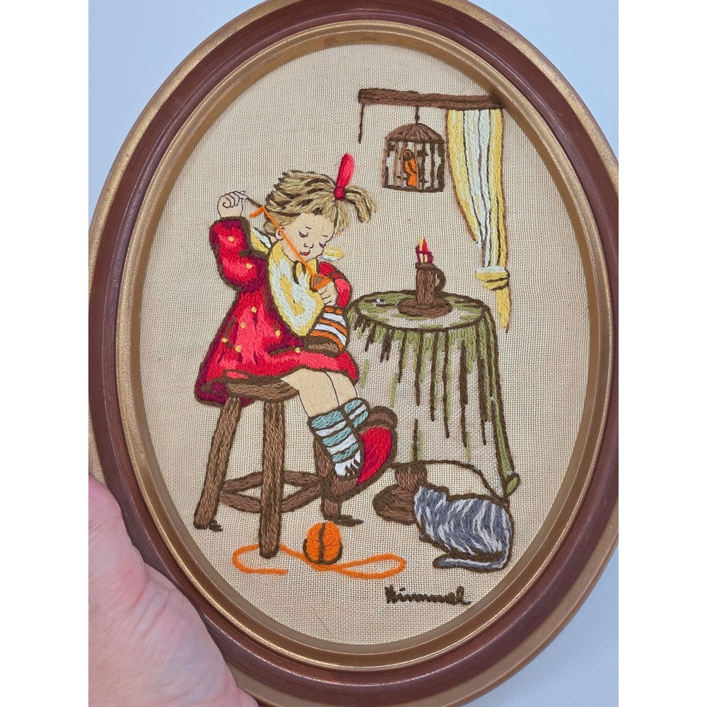 Vintage Hummel Needlepoint Art Set Oval Framed Boy Girl Embroidery Wall Decor